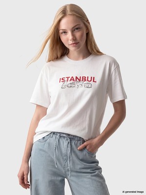 Lc Waikiki Yeni Sezon Beyaz Istanbul Baskılı %100 Pamuklu Kadın Tişört