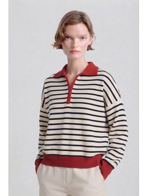 Soft & Basic Çizgili Polo Yaka Triko Kadın Kazak Fermuarlı