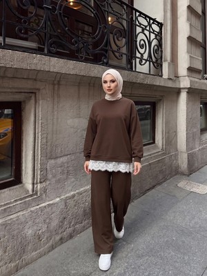Trendparis Dantel Detaylı Rahat Kesim Ikili Spor Takım Kahverengi