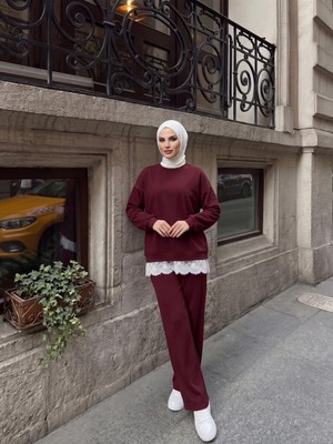 Trendparis Dantel Detaylı Rahat Kesim Ikili Spor Takım Bordo