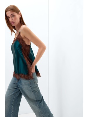 Intimissimi Lace Perfection Silk Satin Top With Contrast Color Lace