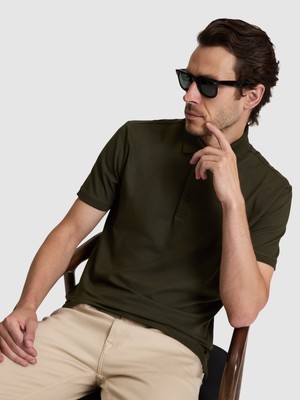 Cacharel Khaki Slim Fit Cotton Blend Buttoned Polo Collar Basic T-Shirt