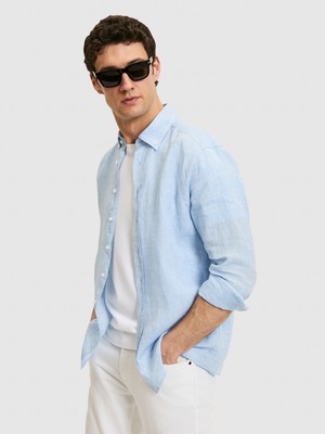 Cacharel Blue Regular Fit Button-Down Collar %100 Linen Shirt
