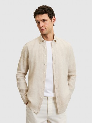 Cacharel Beige Regular Fit Button-Down Collar 100% Linen Shirt