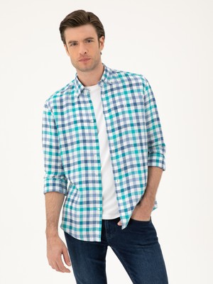 Cacharel Turquoise Regular Fit %100 Linen Shirt