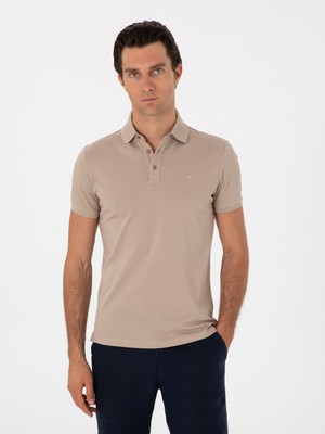 Cacharel Dark Beige Slim Fit Polo Collar Cotton Basic T-Shirt