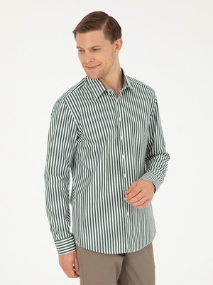 Cacharel Dark Green Slim Fit Cotton Striped Shirt