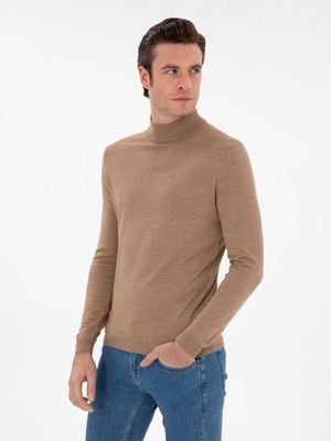 Cacharel Camel Slim Fit Wool Blend Half Turtleneck Basic Knit Sweater