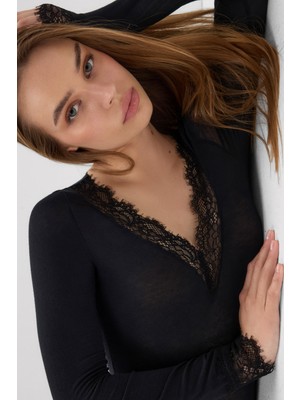 Intimissimi Modal And Cashmere Ultra Light Long Sleeve Lace Bodysuit