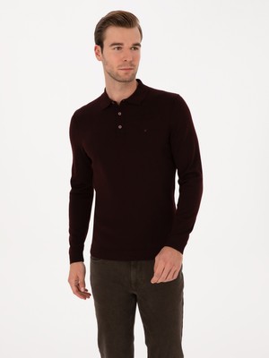 Cacharel Burgundy Slim Fit Wool Blend Polo Collar Basic Knit Sweater