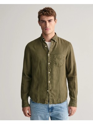 Gant Men's Green Regular Fit Button-Down Collar Linen Shirt