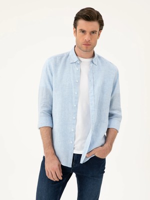 Cacharel Blue Regular Fit %100 Linen Shirt