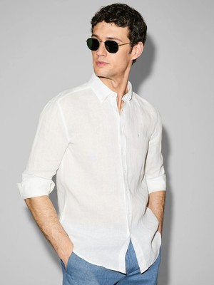 Cacharel White Regular Fit %100 Linen Shirt