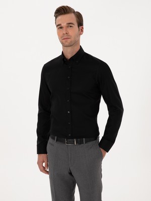 Cacharel Black Slim Fit %100 Cotton Button-Down Collar Oxford Shirt