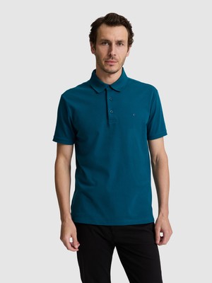 Cacharel Petrol Blue Slim Fit Cotton Blend Buttoned Polo Collar Basic T-Shirt