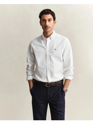 Gant Men's White Slim Fit Striped Logo Shirt