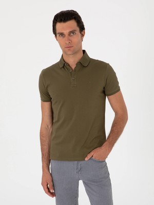 Cacharel Khaki Slim Fit %100 Cotton Polo Collar T-Shirt