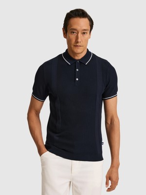 Cacharel Navy Slim Fit Polo Collar Pure Cotton Knit T-Shirt