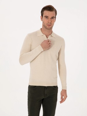 Cacharel Beige Regular Fit Cotton Blend Zip Polo Collar Basic Knit Sweater