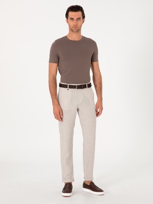 Cacharel Beige Carrot Fit Plaid 100% Linen Casual Trousers