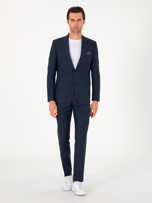 Cacharel Navy Slim Fit Wool Silk Blend Micro Patterned Suit