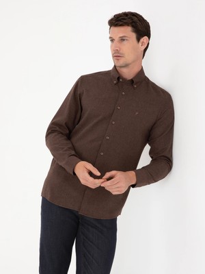 Cacharel Dark Brown Slim Fit Cotton Blend Button-Down Collar Flannel Shirt