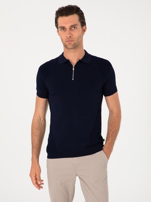 Cacharel Navy Slim Fit Zip Polo Collar Knit T-Shirt