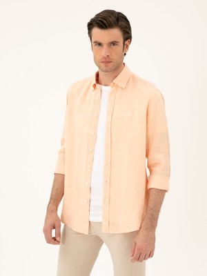Cacharel Orange Regular Fit %100 Linen Shirt