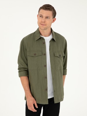 Cacharel Khaki Regular Fit %100 Linen Shirt Jacket