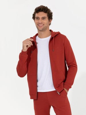 Cacharel Brick %100 Cotton Full-Zip Hooded Sweatshirt