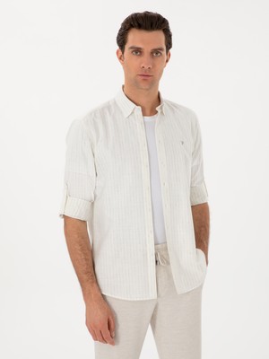 Cacharel Khaki Regular Fit Linen Blend Striped Shirt