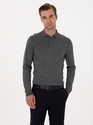 Cacharel Smoke Grey Slim Fit Wool Blend Polo Collar Basic Knit Sweater