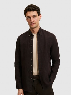 Cacharel Dark Brown Regular Fit Button-Down Collar %100 Linen Shirt