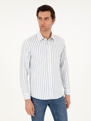 Cacharel Blue Slim Fit %100 Cotton Striped Shirt