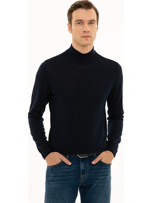 Cacharel Navy Slim Fit Half Turtleneck Basic Knit Sweater