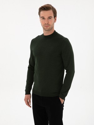 Cacharel Dark Green Slim Fit Wool Blend Low Mock Neck Basic Knit Sweater