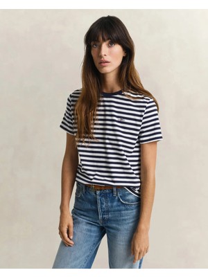 Gant Women's Navy Crew Neck Regular Fit Striped T-Shirt