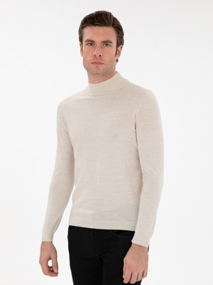 Cacharel Beige Slim Fit Wool Blend Half Turtleneck Collar Basic Knit Sweater