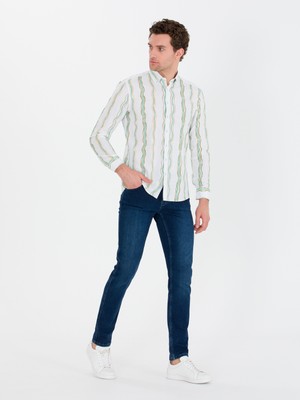 Cacharel Green Slim Fit %100 Cotton Striped Shirt