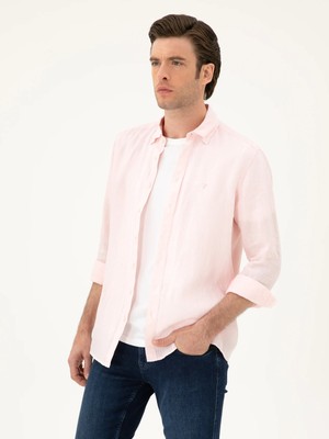 Cacharel Pink Regular Fit %100 Linen Shirt