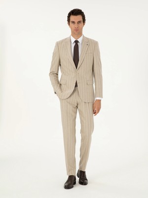 Cacharel Beige Slim Fit Wool Cashmere Blend Peak Lapel Striped Suit
