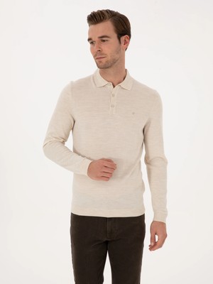 Cacharel Beige Slim Fit Wool Blend Polo Collar Basic Knit Sweater