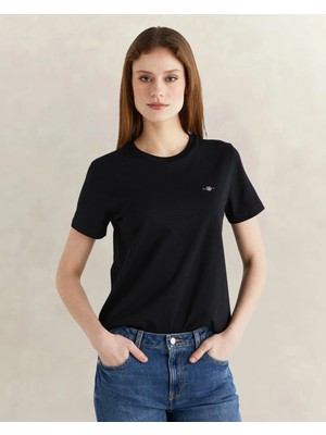 Gant Women's Black Crew Neck Regular Fit Logo T-Shirt