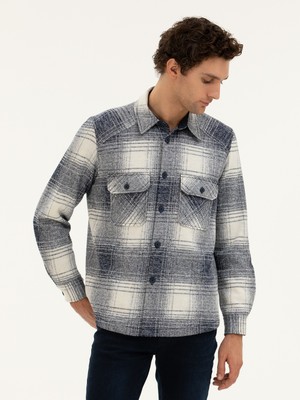 Cacharel Navy Wool Blend Plaid Overshirt