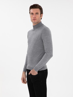 Cacharel Smoke Grey Slim Fit Wool Blend Mock Neck Collar Basic Knit Sweater