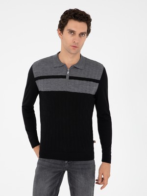 Cacharel Black Slim Fit Polo Collar Zip Knit Sweater