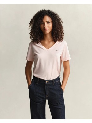 Gant Women's Pink V-Neck Regular Fit Logo T-Shirt