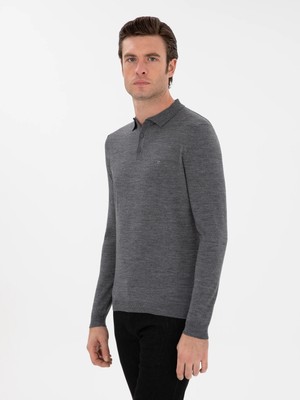 Cacharel Smoke Grey Slim Fit Wool Blend Polo Collar Basic Knit Sweater