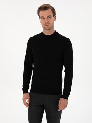 Cacharel Black Slim Fit Wool Blend Mock Neck Basic Knit Sweater