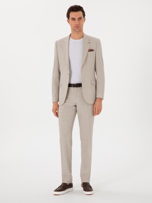 Cacharel Beige Slim Fit 100% Wool Micro Patterned Suit